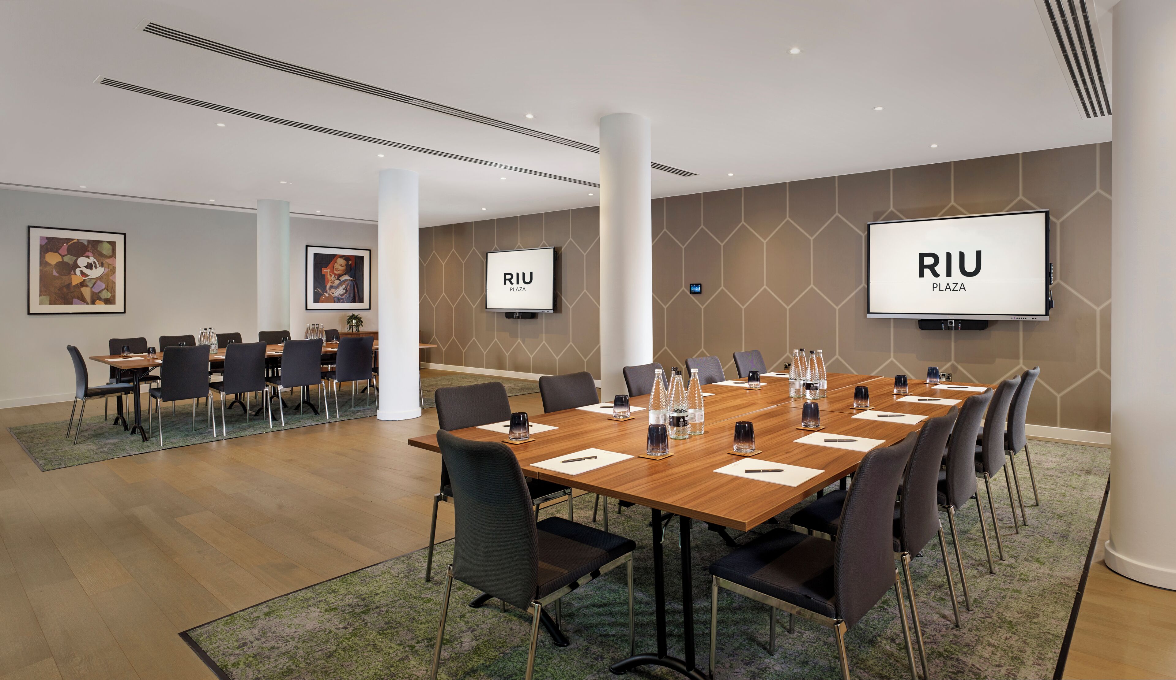 A conference room with a long table, chairs, a TV screen, and a 'RIU PLAZA' sign.