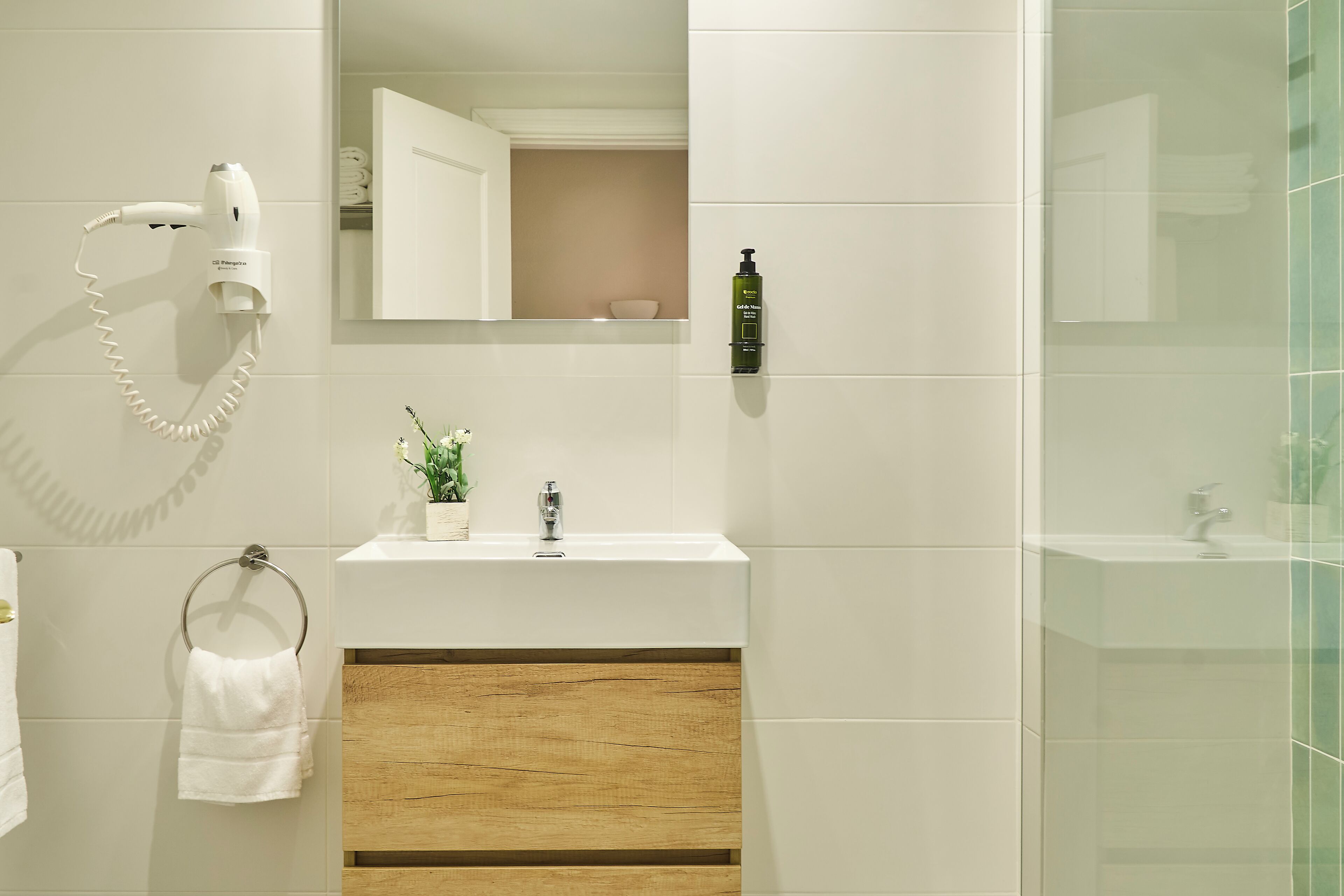 A bathroom with a hairdryer mounted on the wall, a sink with a mirror above it, and a small potted plant on the counter.