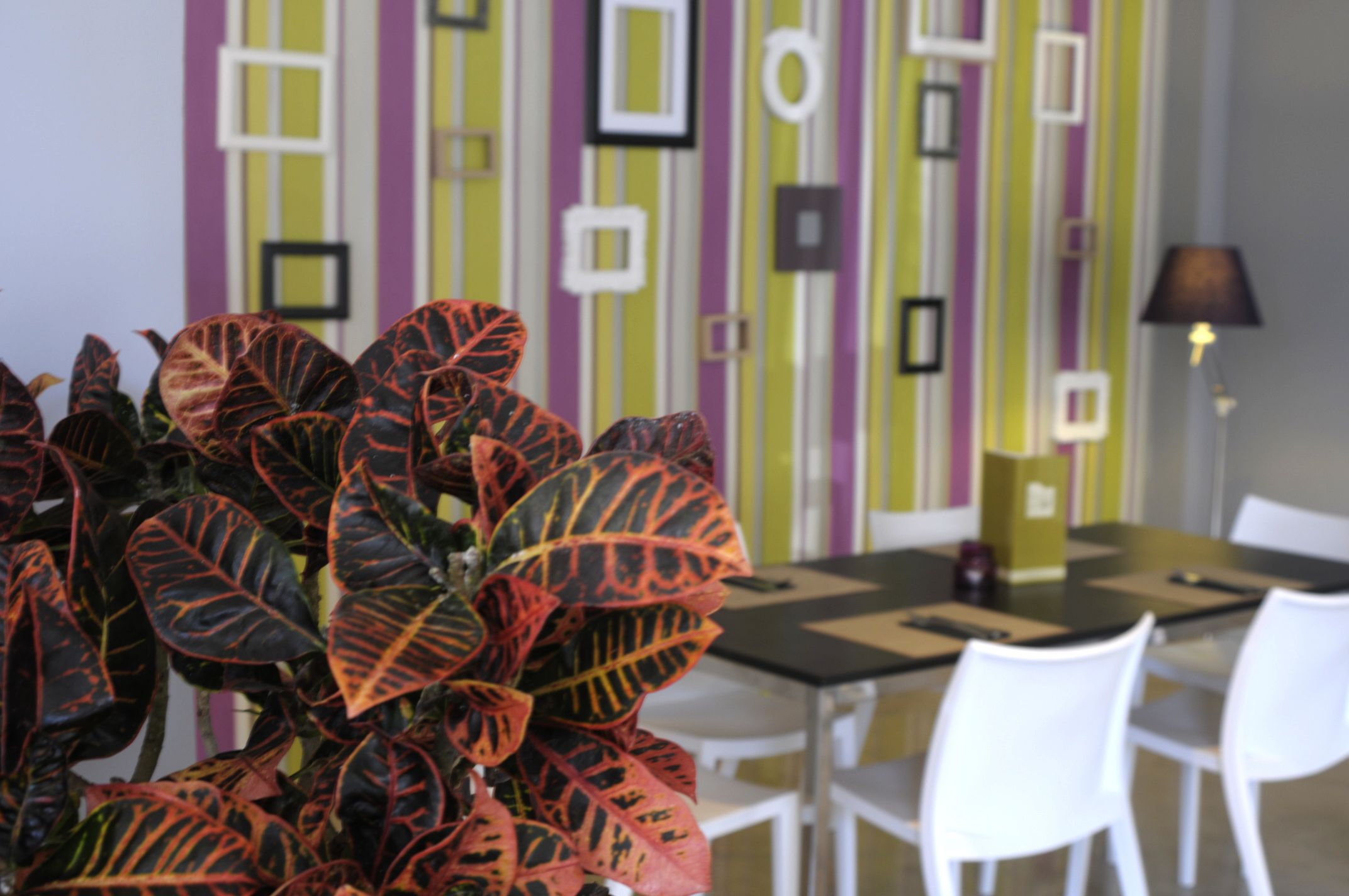 Una habitación con una mesa de comedor, sillas blancas y una planta en maceta con hojas rojas y amarillas.