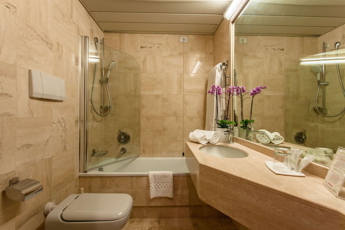 combined shower/bathtub, hair dryer, bidet, towels