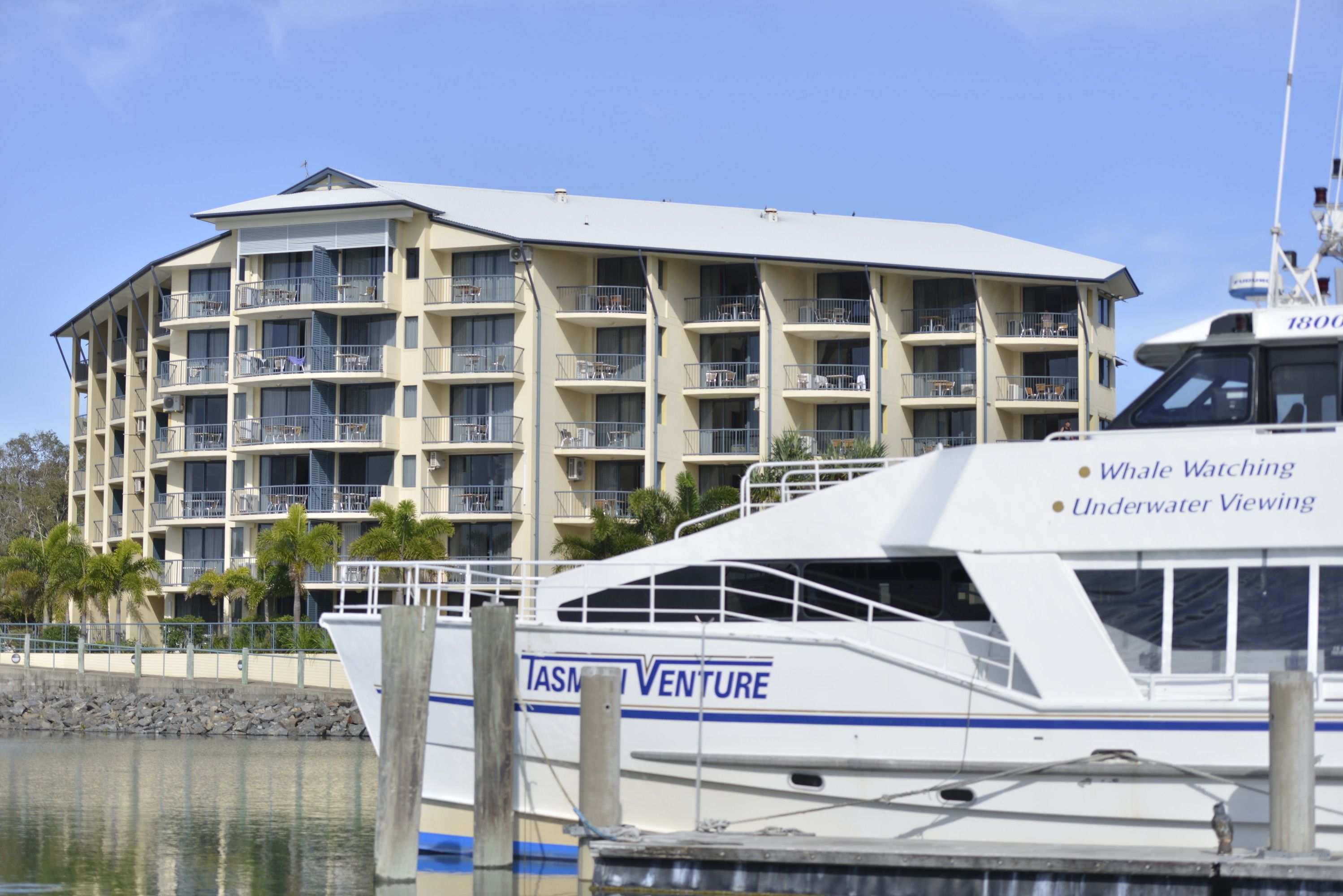 Un hotel de varios pisos con balcones, un barco llamado 'Tasman Adventure' amarrado frente al hotel, y se ofrecen servicios como avistamiento de ballenas y observación submarina.
