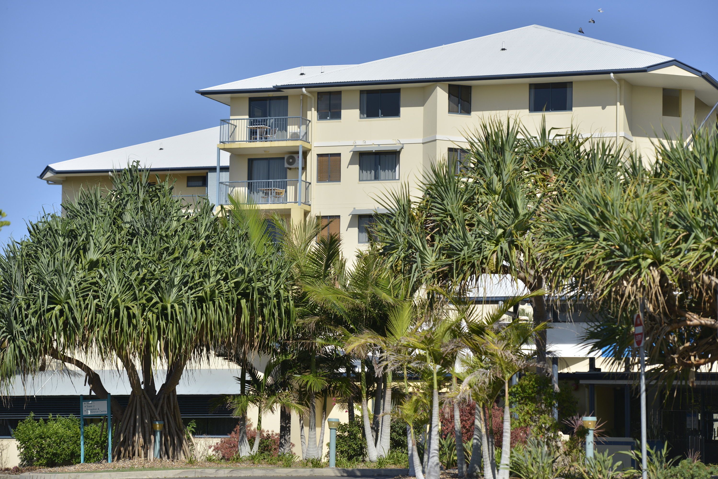 A multi-story hotel with balconies, surrounded by palm trees and other vegetation.