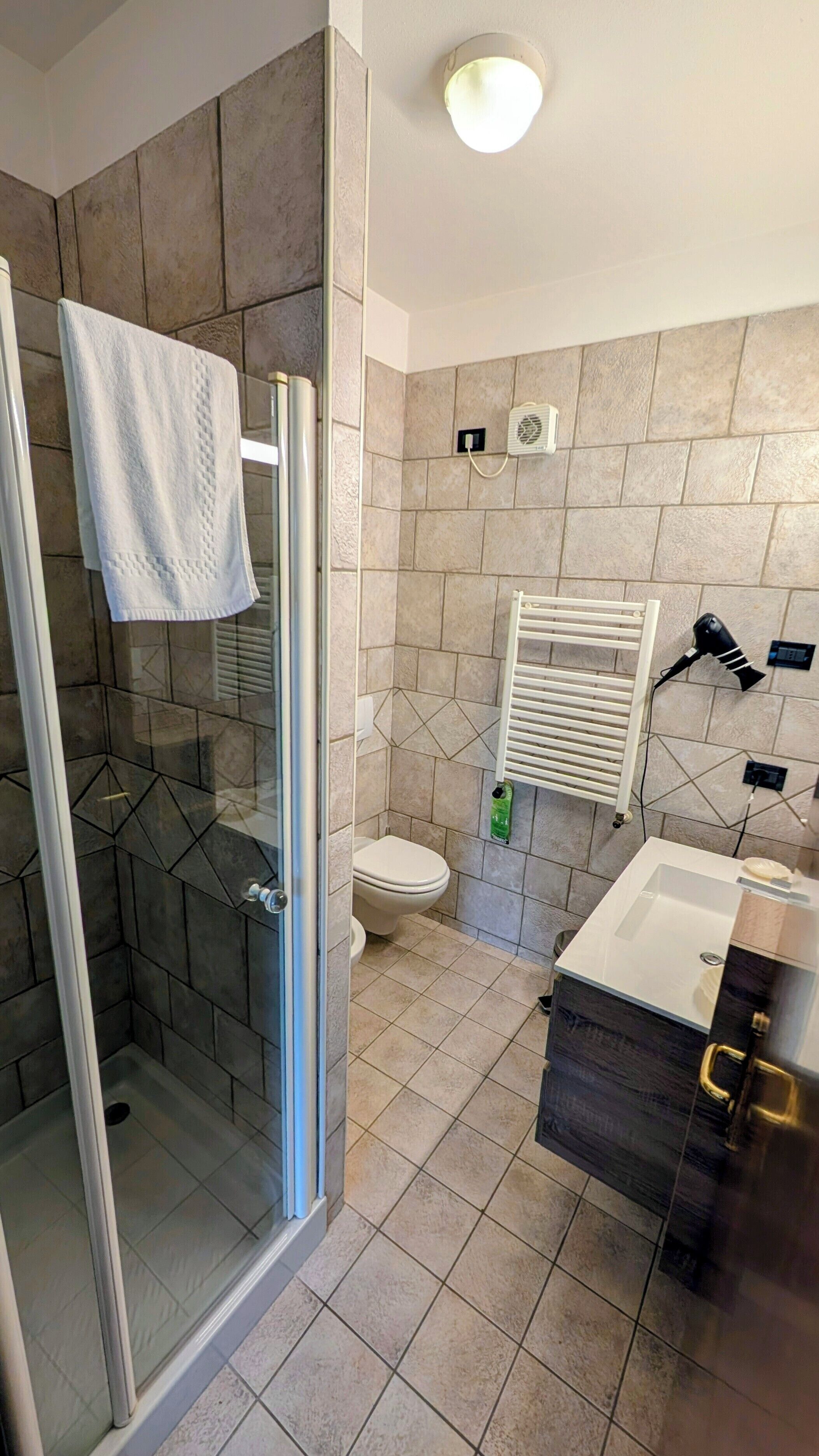 Ein Badezimmer mit Duschkabine, Toilette, Waschbecken mit Spiegel und Handtuchhalter.