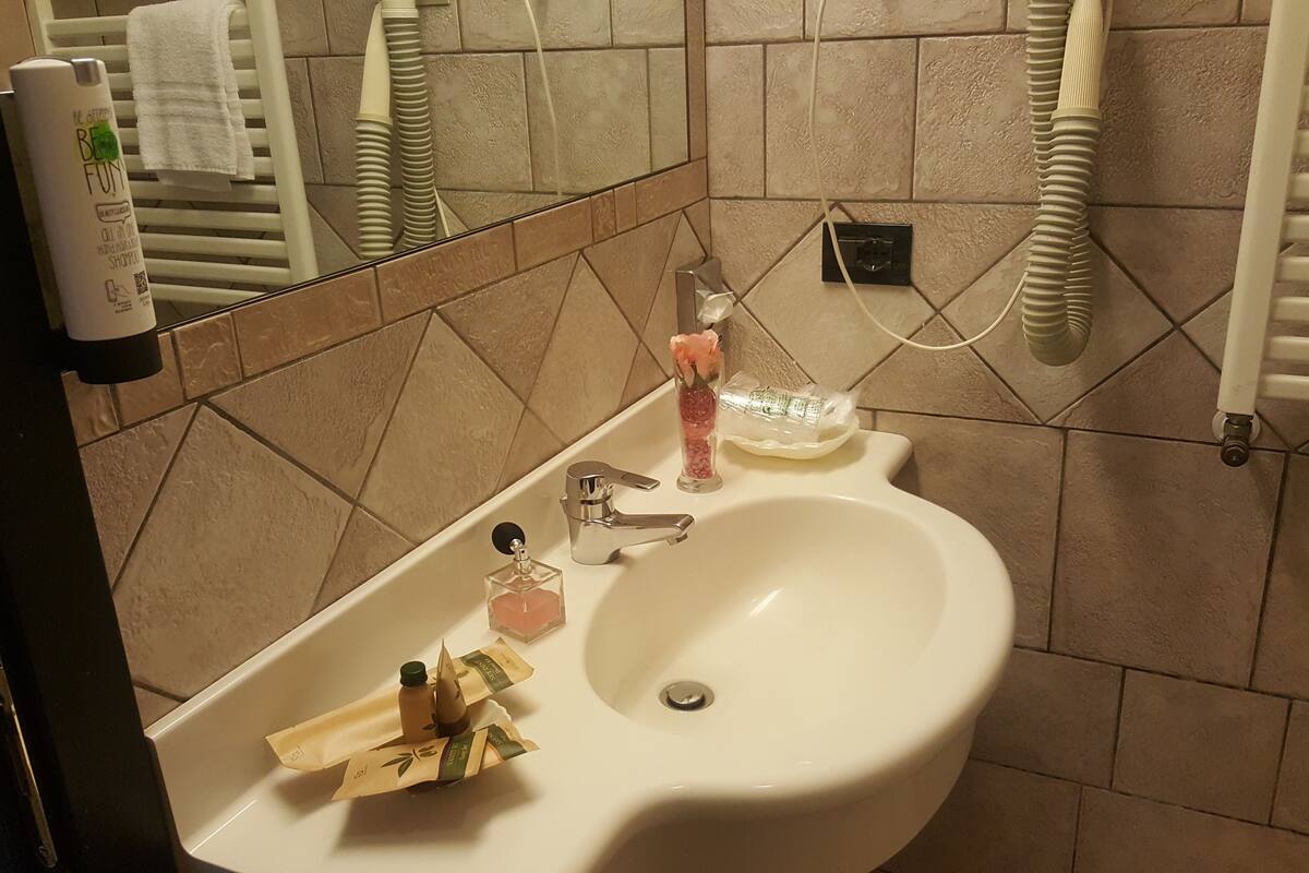 shower, hair dryer, bidet, towels