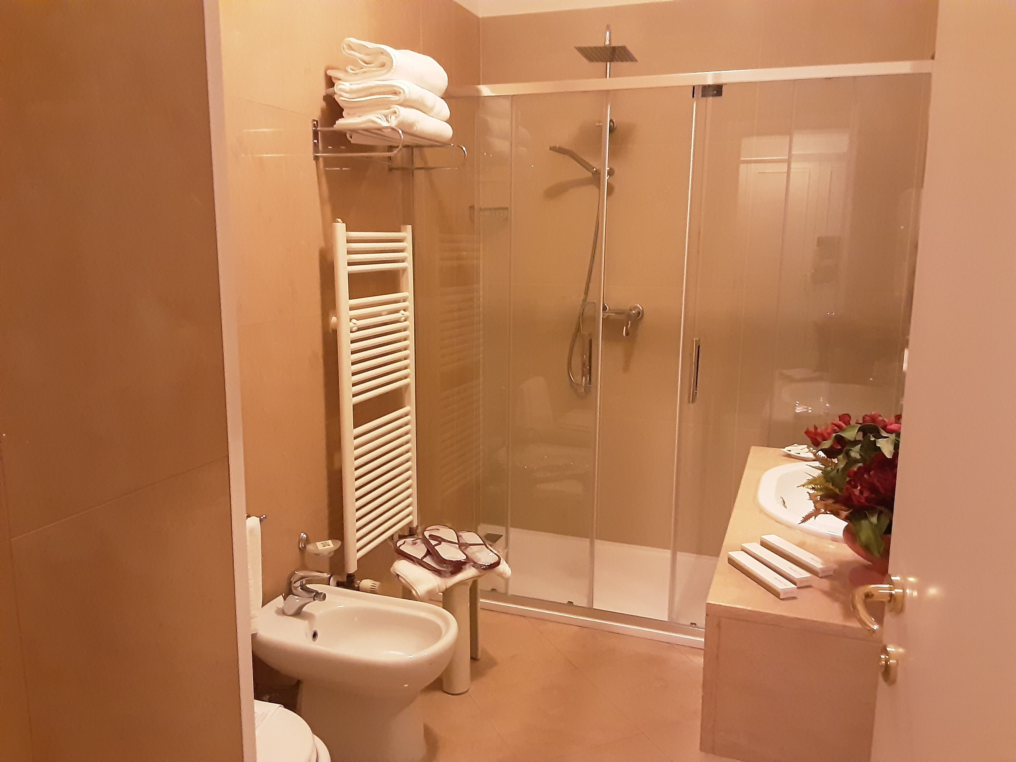 free toiletries, hair dryer, bidet, towels