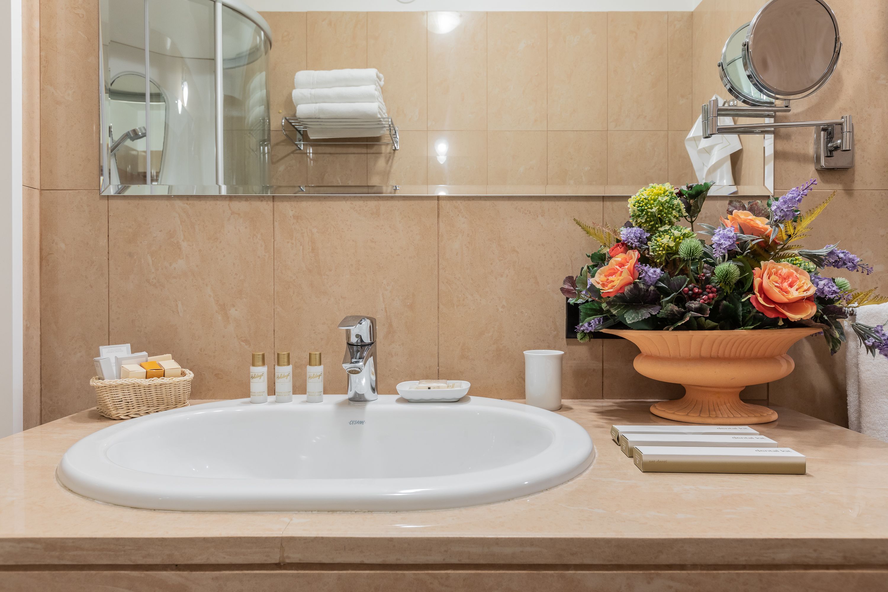 free toiletries, hair dryer, bidet, towels