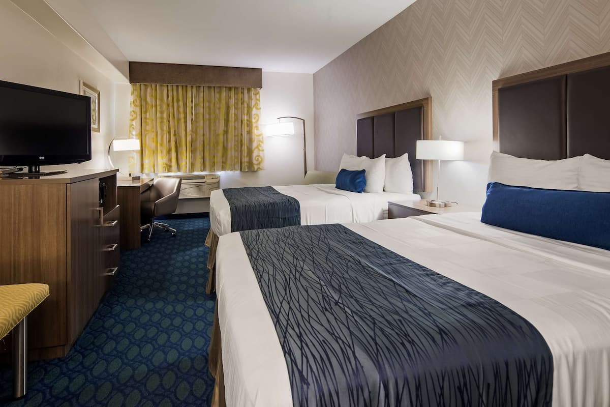 business room, 2 queen beds, non smoking, refrigerator & microwave | in-room safe, desk, blackout curtains, iron/ironing board