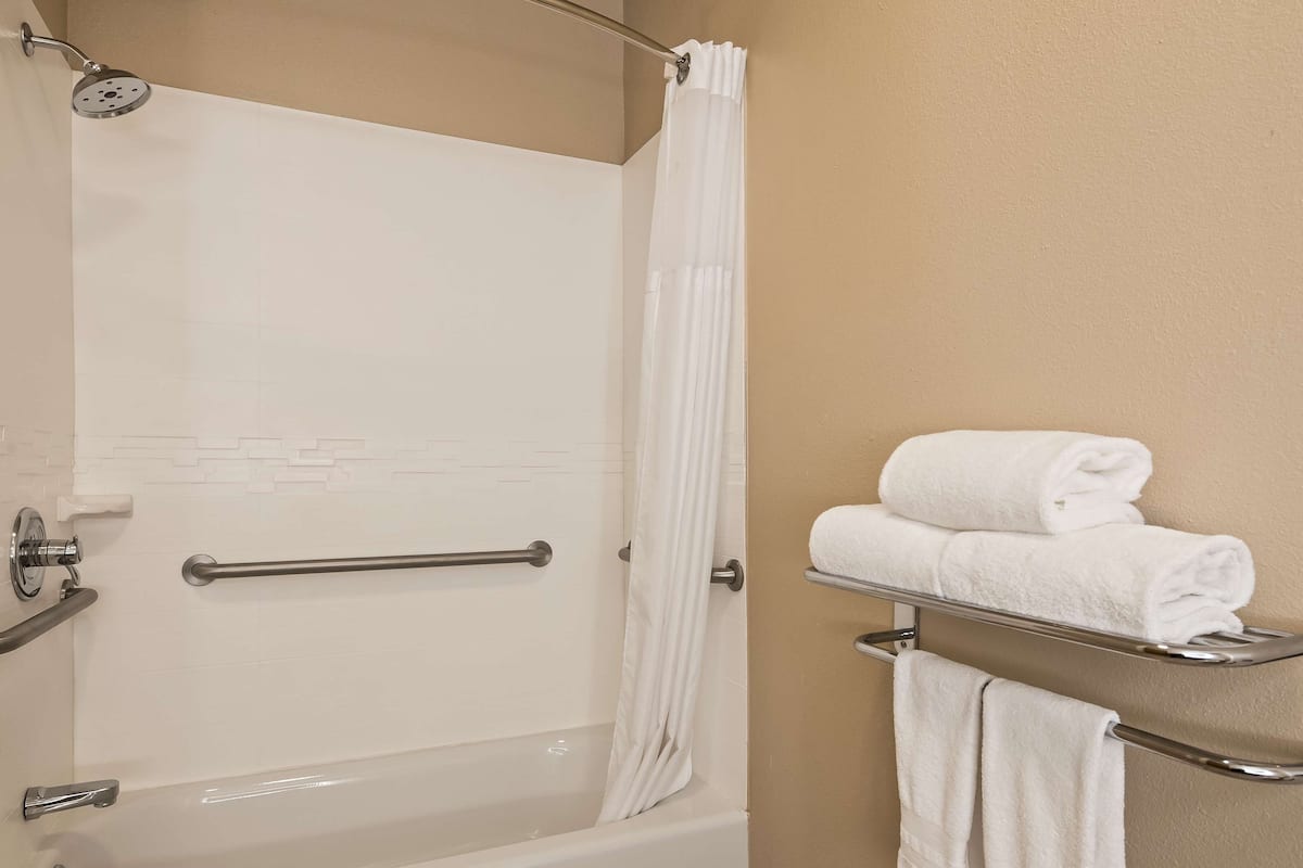 standard room, 1 king bed, accessible, bathtub | bathroom | combined shower/bathtub, free toiletries, hair dryer, towels