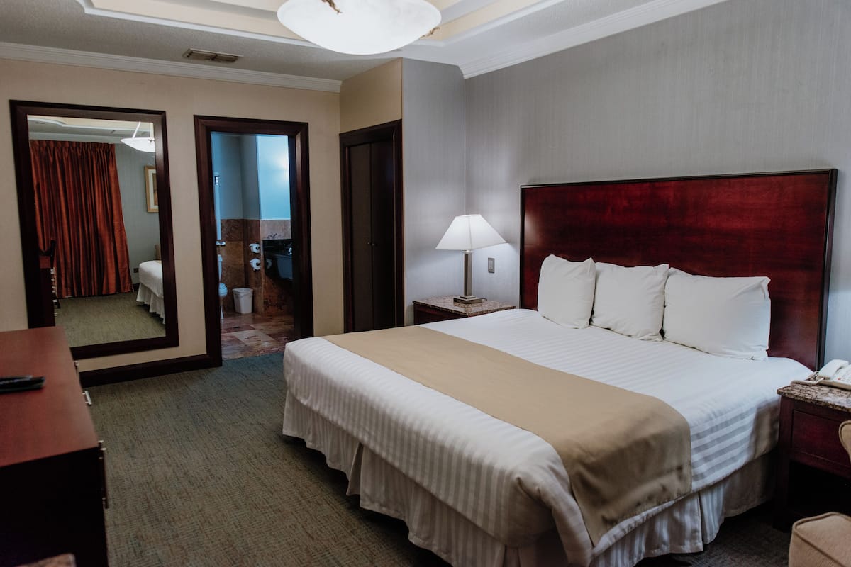A hotel room with a large bed, a bedside lamp, a nightstand, and a mirror.