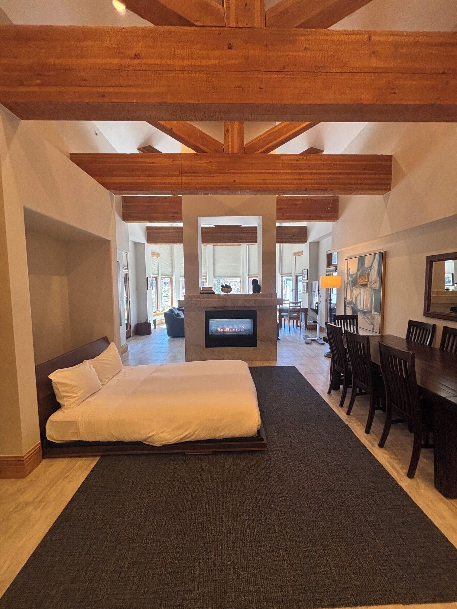 Flat-screen TV, fireplace, DVD player, pay movies