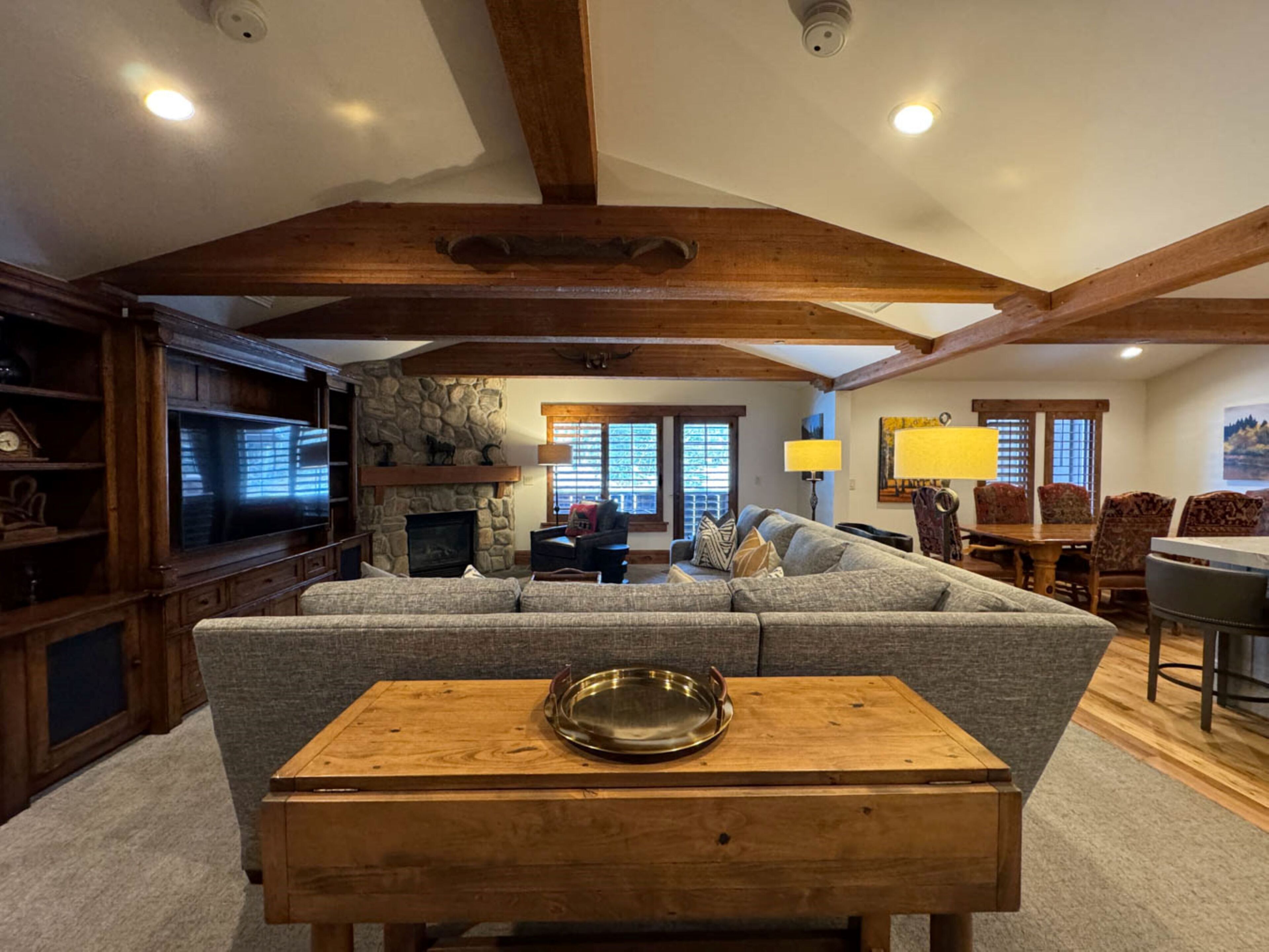 Flat-screen TV, fireplace, DVD player, pay films