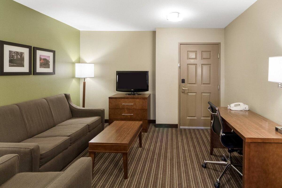 A hotel room with a sofa, a TV on a wooden stand, a desk with a phone, and a door.