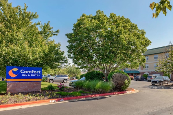 Welcome to Comfort Inn & Suites, a single-story hotel with a simple design, offering parking and a peaceful outdoor setting.