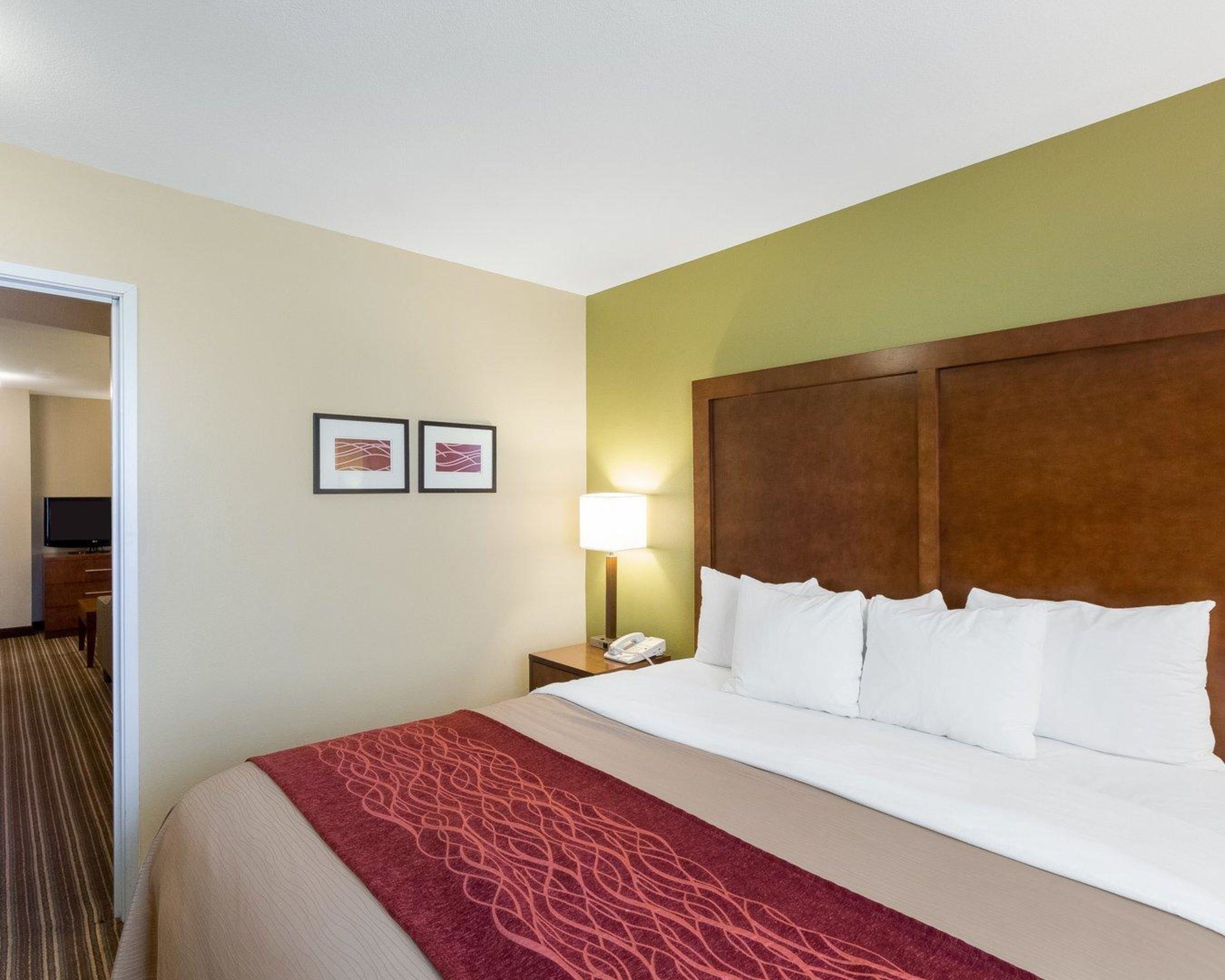 A hotel room with a bed, a nightstand, a lamp, and two framed pictures on the wall.