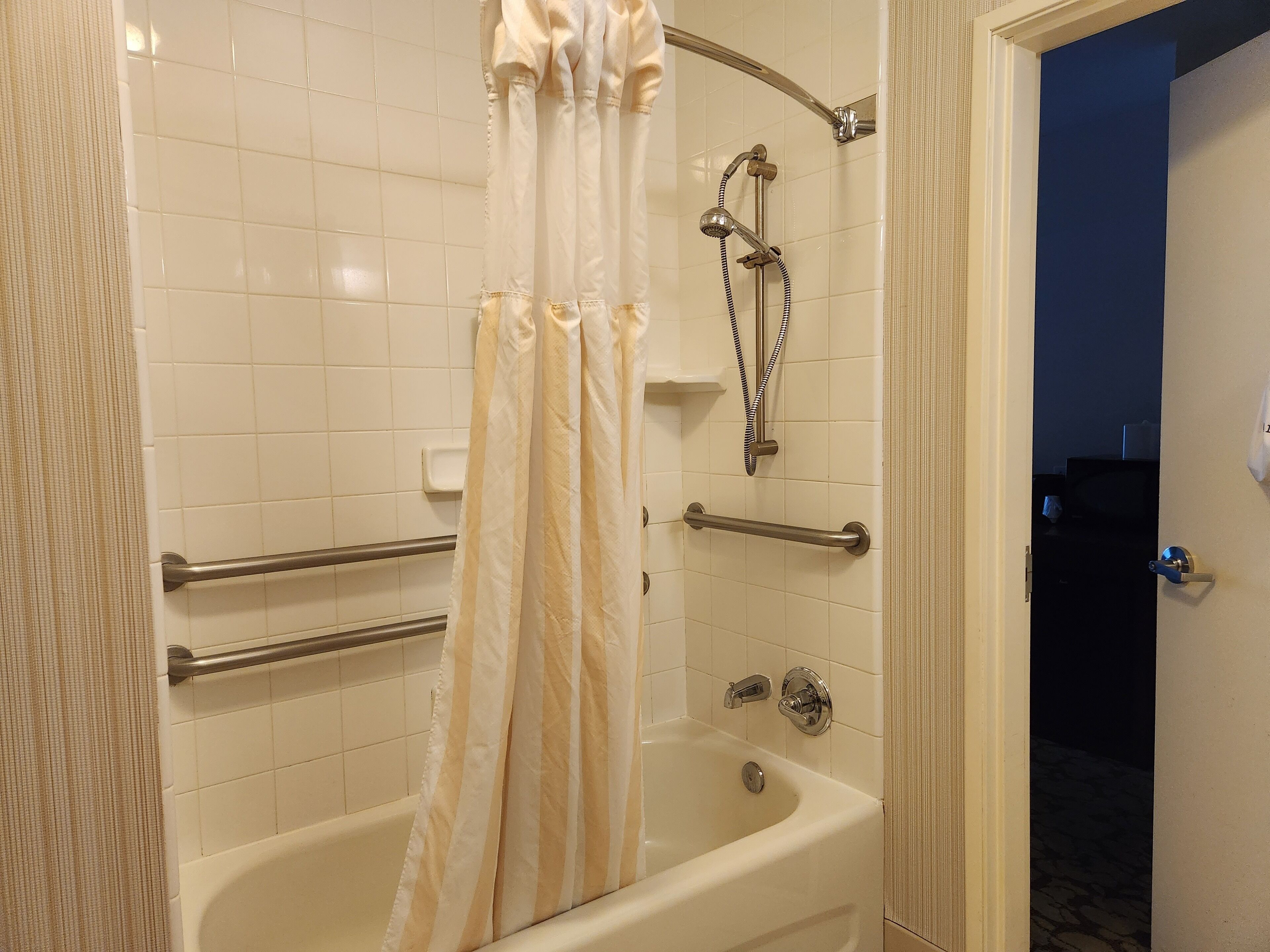 A bathroom with a bathtub, a shower with a handheld showerhead, and a towel rack.