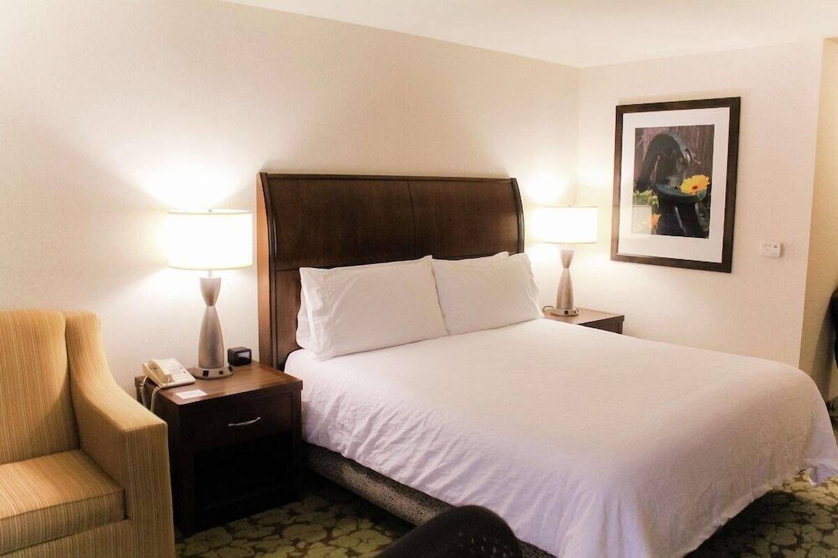 A hotel room with a large bed, two bedside tables with lamps, a chair, and a framed picture on the wall.
