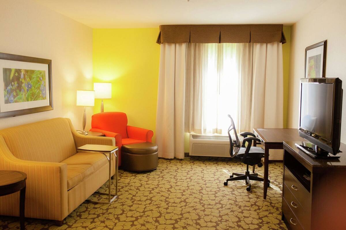 A hotel room with a sofa, armchair, desk, television, air conditioning unit, and a patterned carpet.