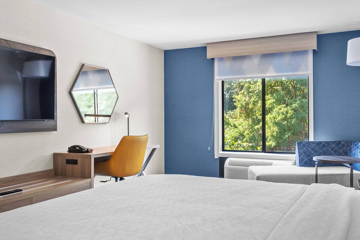 A hotel room with a bed, a desk, a chair, a TV, and a window with a view of trees.