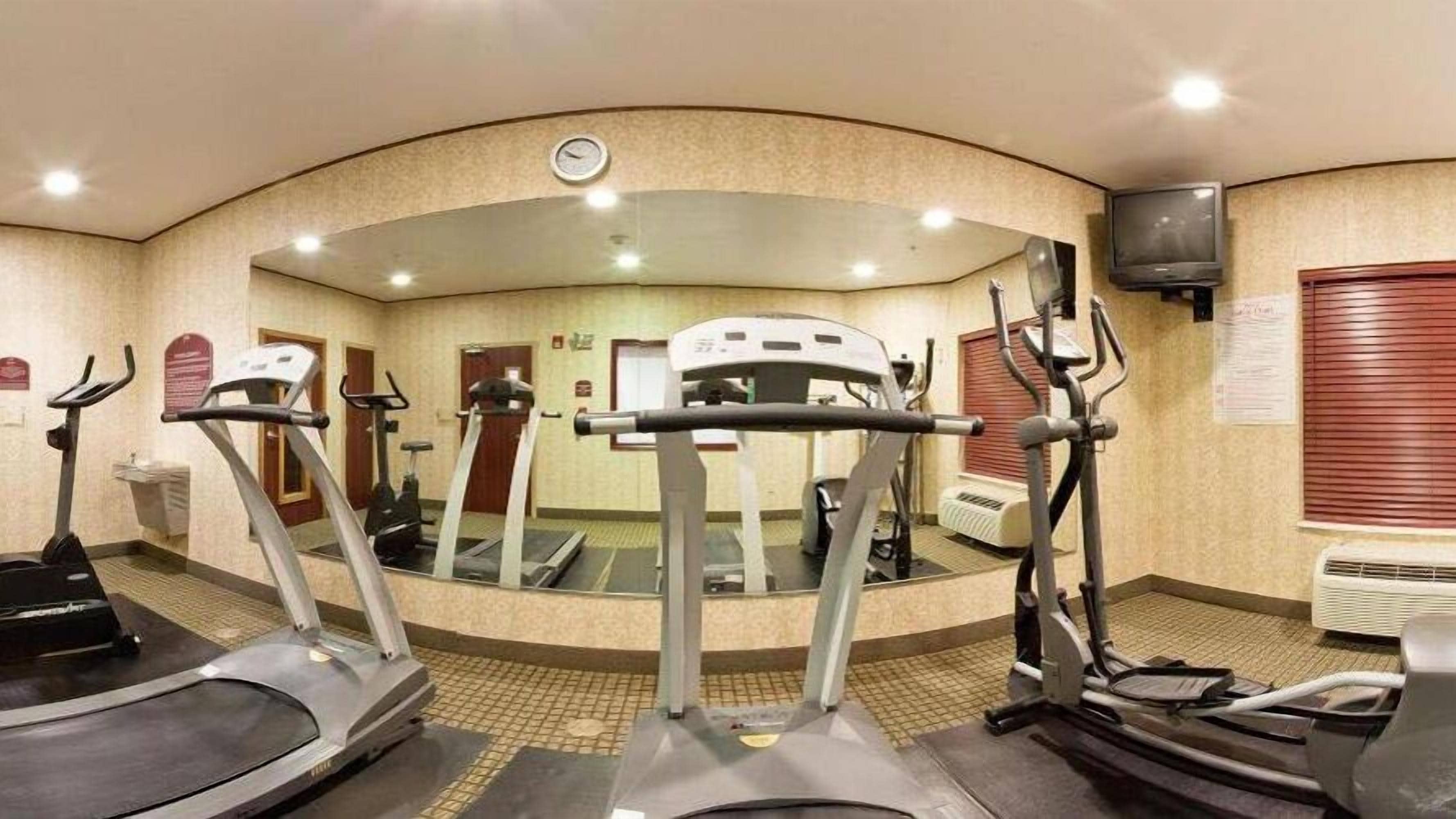 A gym with treadmills, elliptical machines, and a mirrored wall.