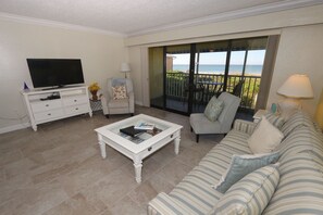 Two bedroom/ two bath gulfront | Living area | TV, DVD player - Cabana Beach Club by RVA (Longboat Key)