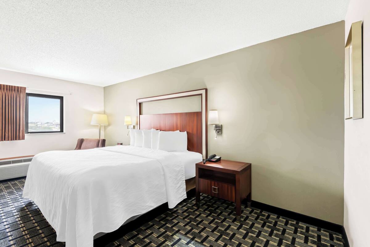 A hotel room with a large bed, a nightstand with a lamp, a window with curtains, and a view of the city.