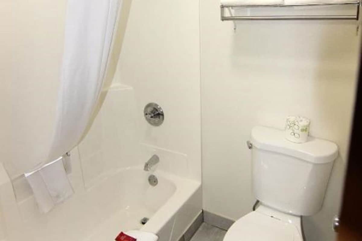 A bathroom with a bathtub, toilet, and a shower curtain.