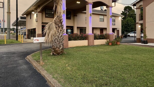 A building with a covered entrance, a palm tree, and a parking lot. - Apple Tree Inn Tyler Lindale (Tyler)