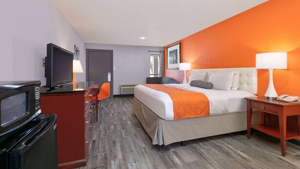 A hotel room with a bed, a desk with a computer, a television, and a microwave.