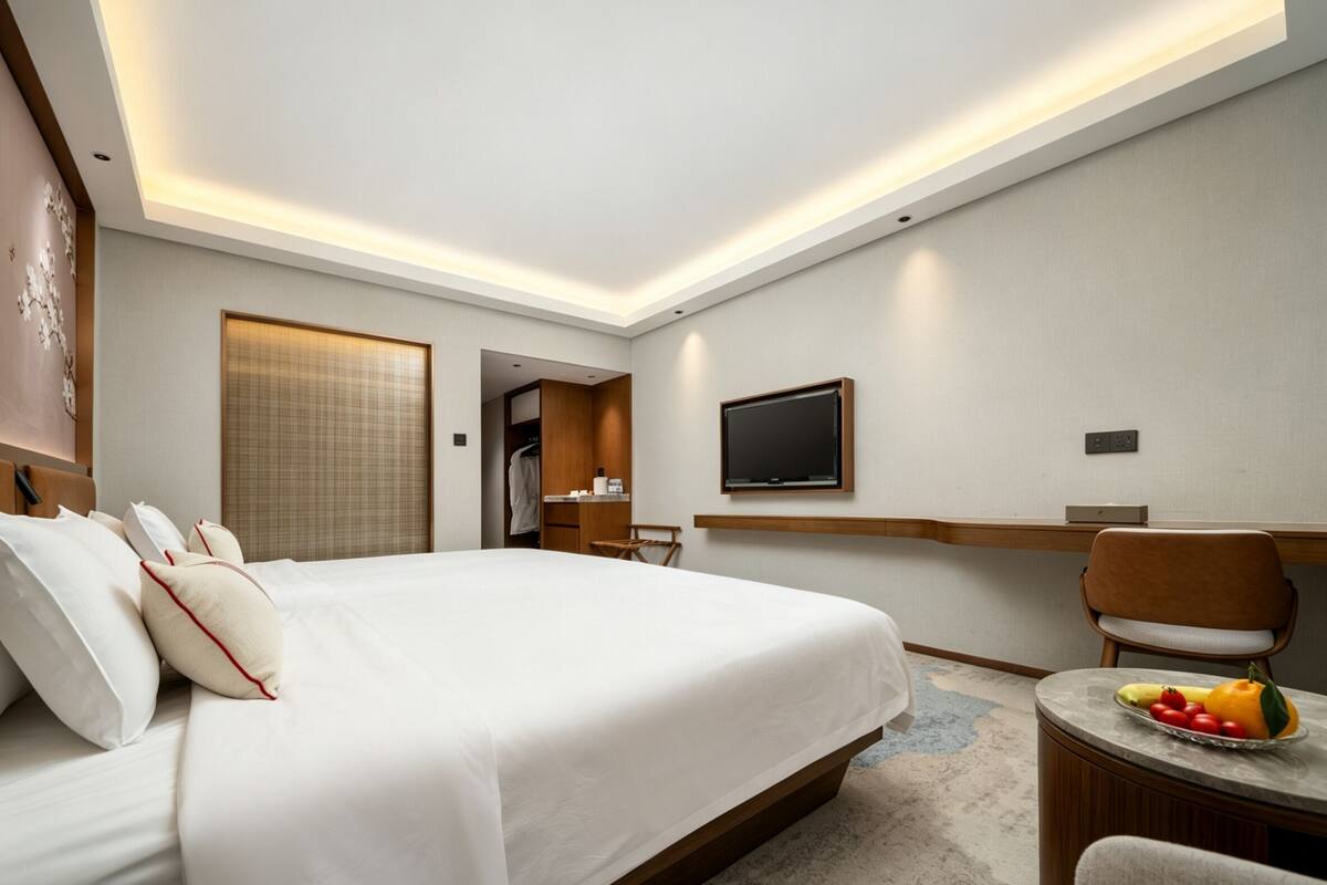 A modern hotel room with a large bed, a TV mounted on the wall, a desk with a chair, and a small table with fruit.