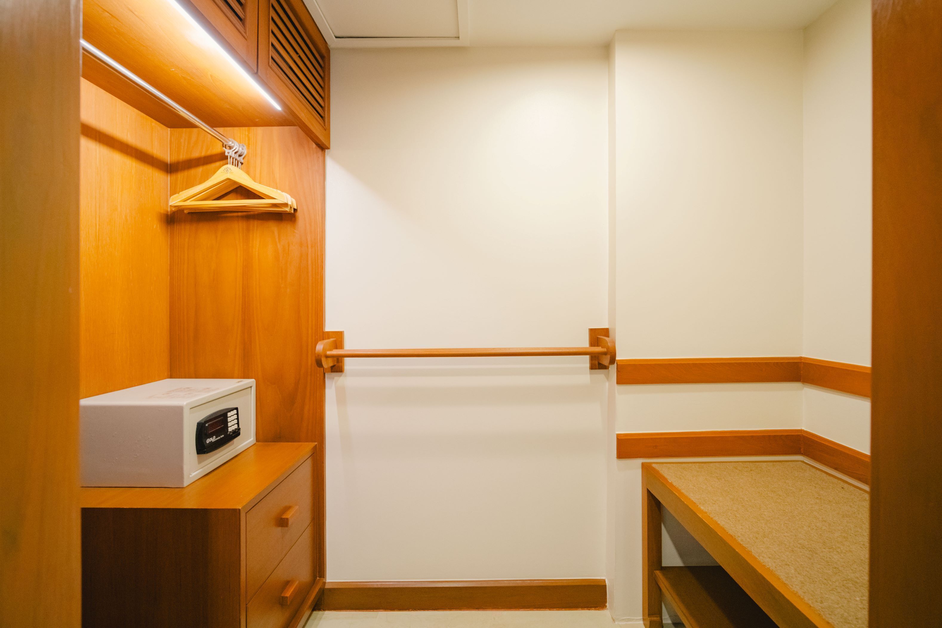 A compact, well-lit walk-in closet with wooden cabinetry, a hanging rack, and a microwave on a small countertop.