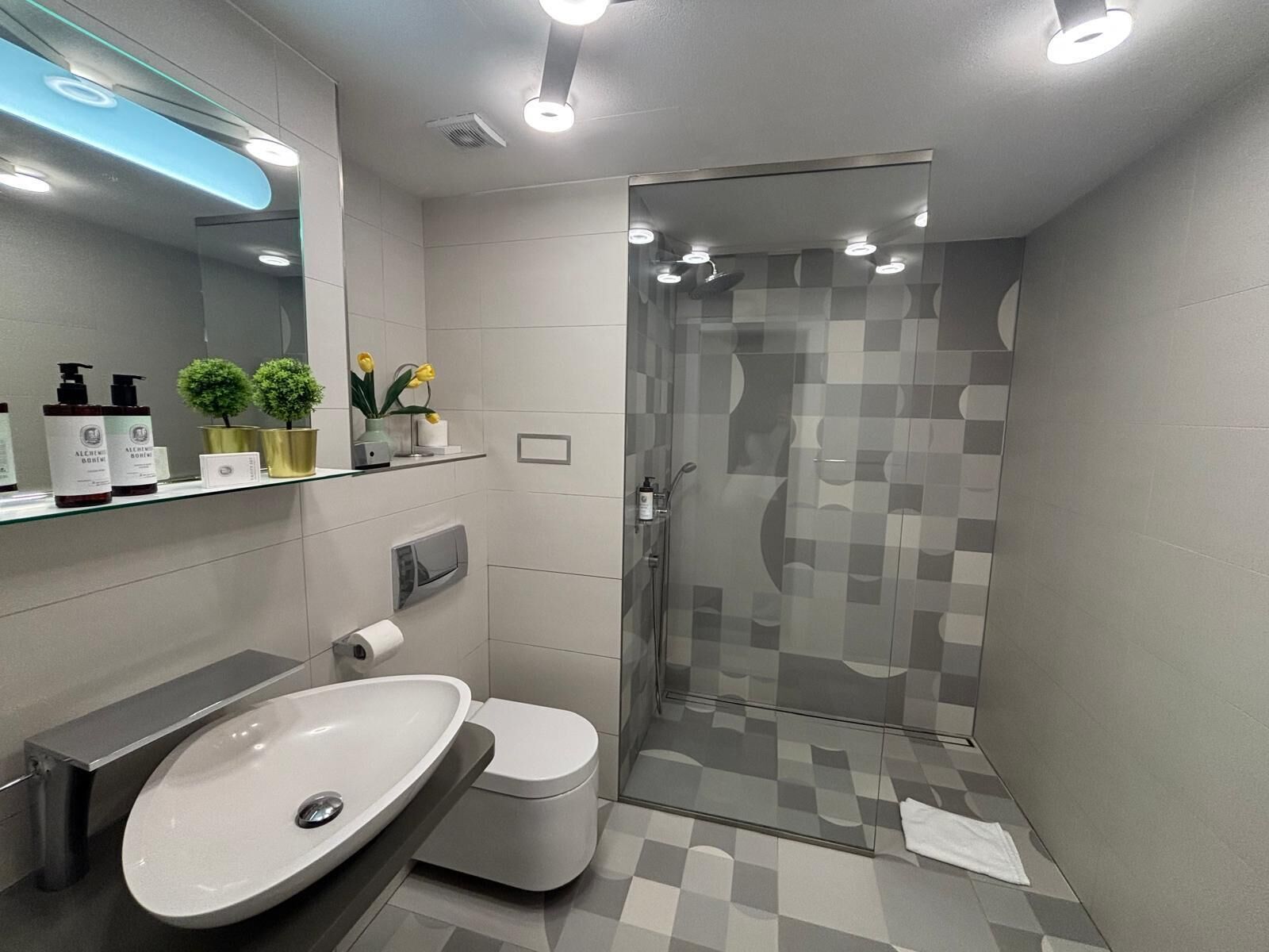 A modern bathroom with a glass shower enclosure, a white sink, and a toilet.