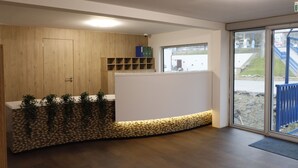 A reception area with a wooden panel wall, a reception desk, a window with a view of the outside, and a blue railing outside. - Botel Racek (Prague)