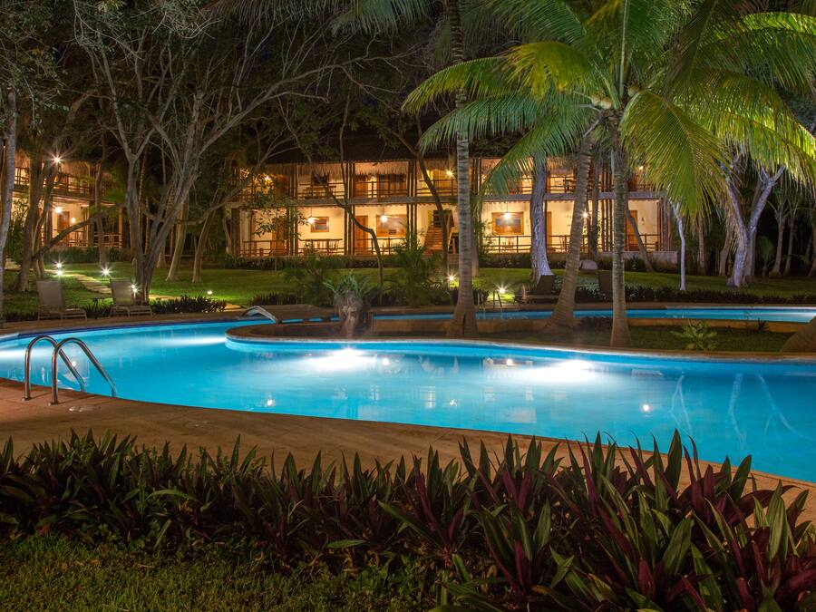 Una piscina rodeada de follaje tropical y un edificio con múltiples ventanas y luces.