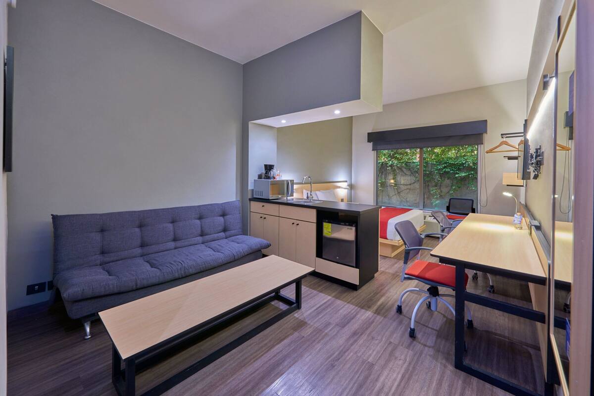 A compact, modern room with a sofa, a small dining table, a kitchenette, and a view of greenery through a large window.