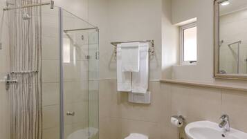 A bathroom with a glass-enclosed shower, a toilet, and a sink.