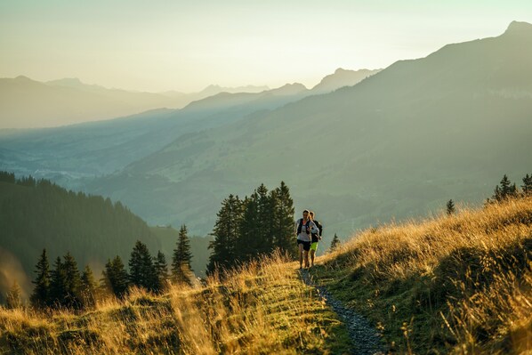 A person hiking on a mountain trail with a view of distant mountains and forested valleys. - Hotel Steinmattli (Adelboden)