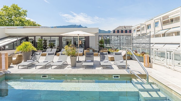 2 indoor pools, seasonal outdoor pool, pool loungers