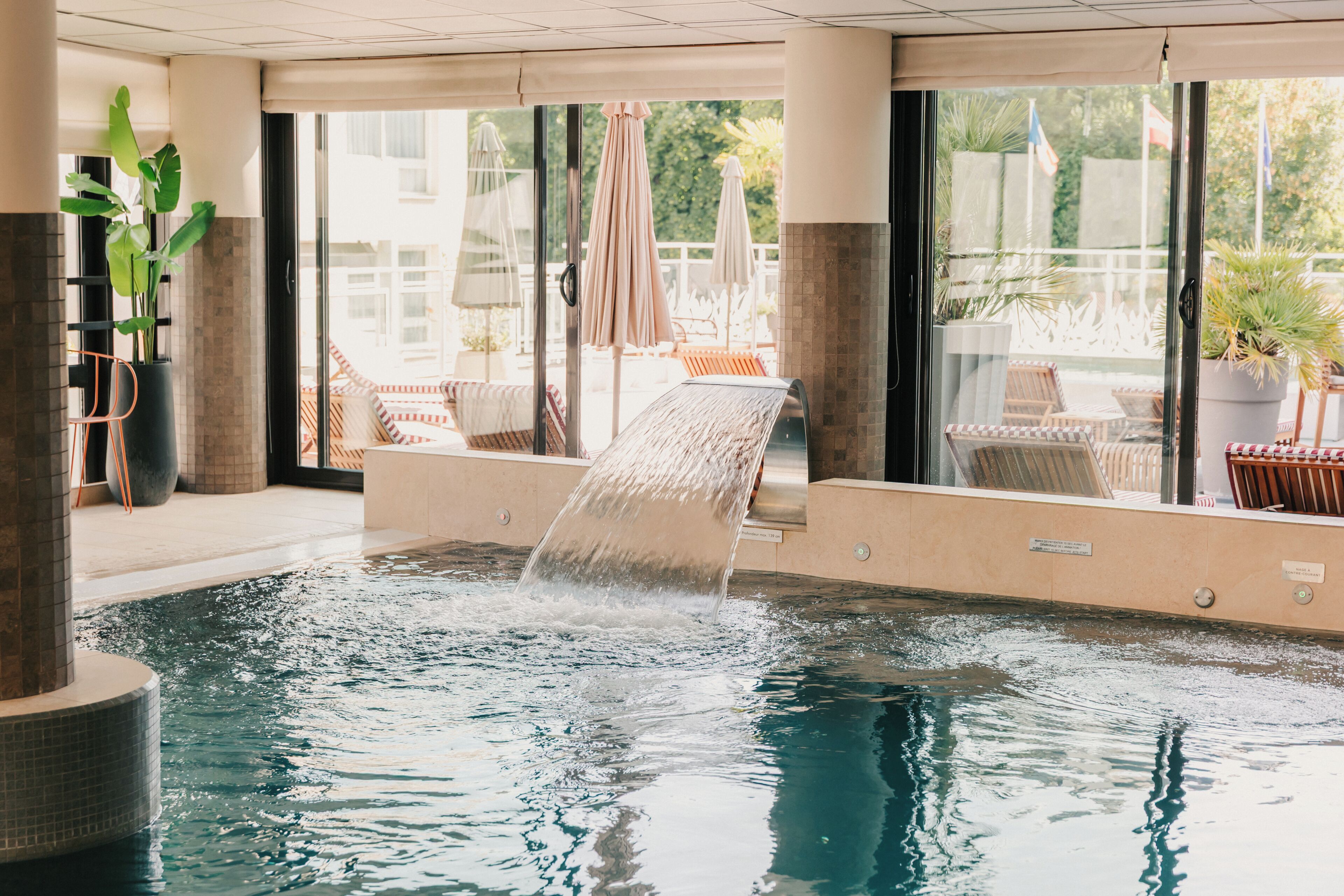 2 indoor pools, seasonal outdoor pool, pool loungers