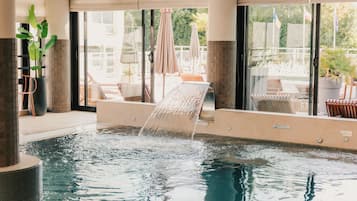 2 indoor pools, seasonal outdoor pool, pool loungers