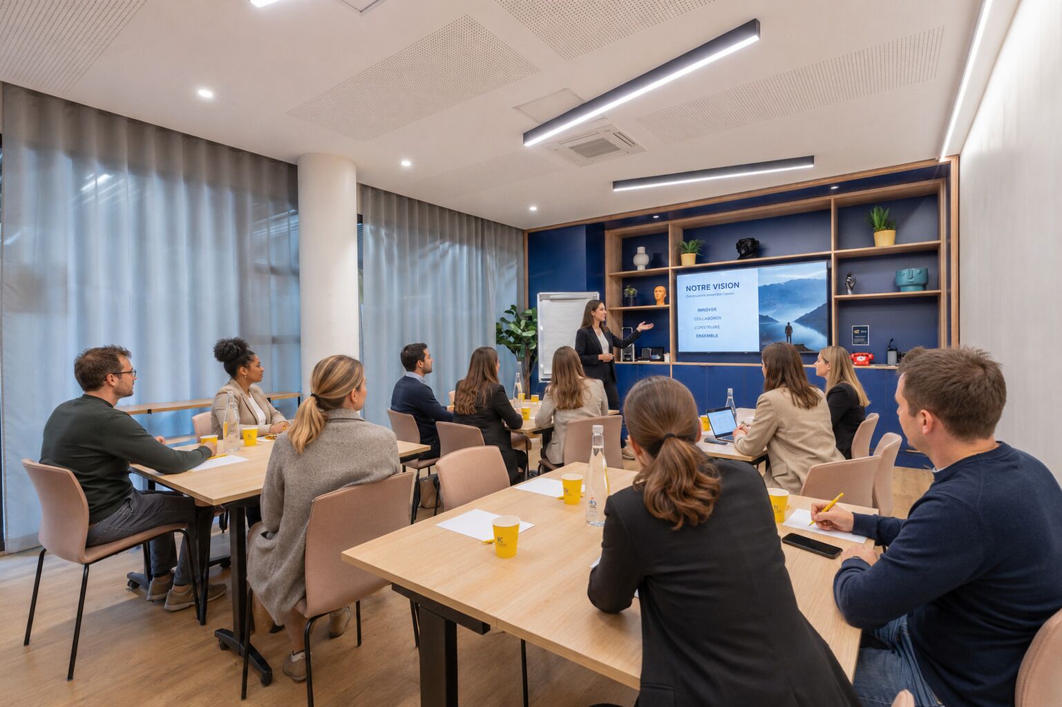 Ein Konferenzraum mit einer Präsentationsleinwand, Holztischen und Stühlen.