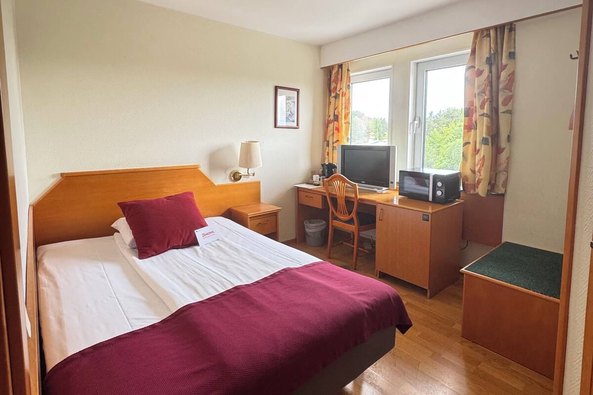A hotel room with a bed, desk, and television.