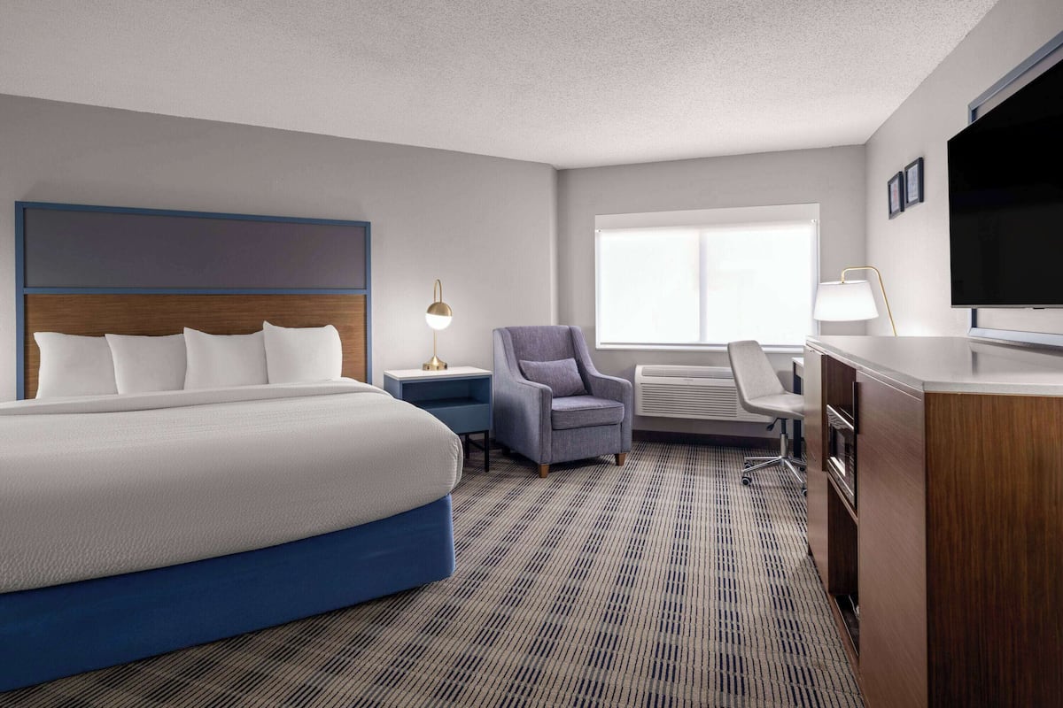 A hotel room with a large bed, a desk, a chair, a TV, and a window.