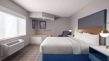 Una habitación de hotel moderna con una cama grande, una zona de estar con una silla, una bañera y un escritorio con lámpara.
