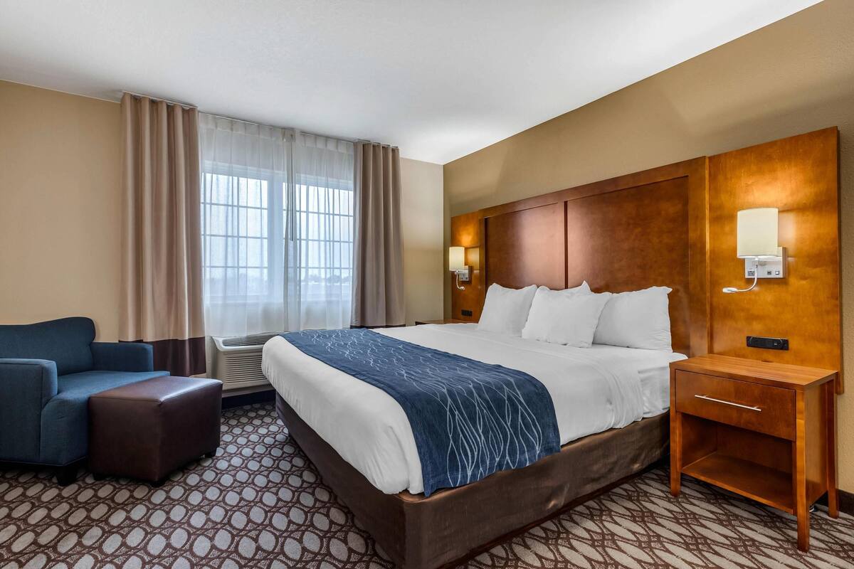 A hotel room with a large bed, a bedside table, a chair, a patterned carpet, and a window with curtains.