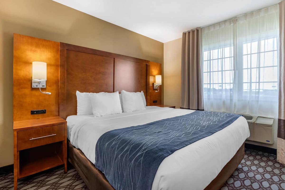 A hotel room with a large bed, two bedside tables, a wall-mounted lamp, and a window with curtains.
