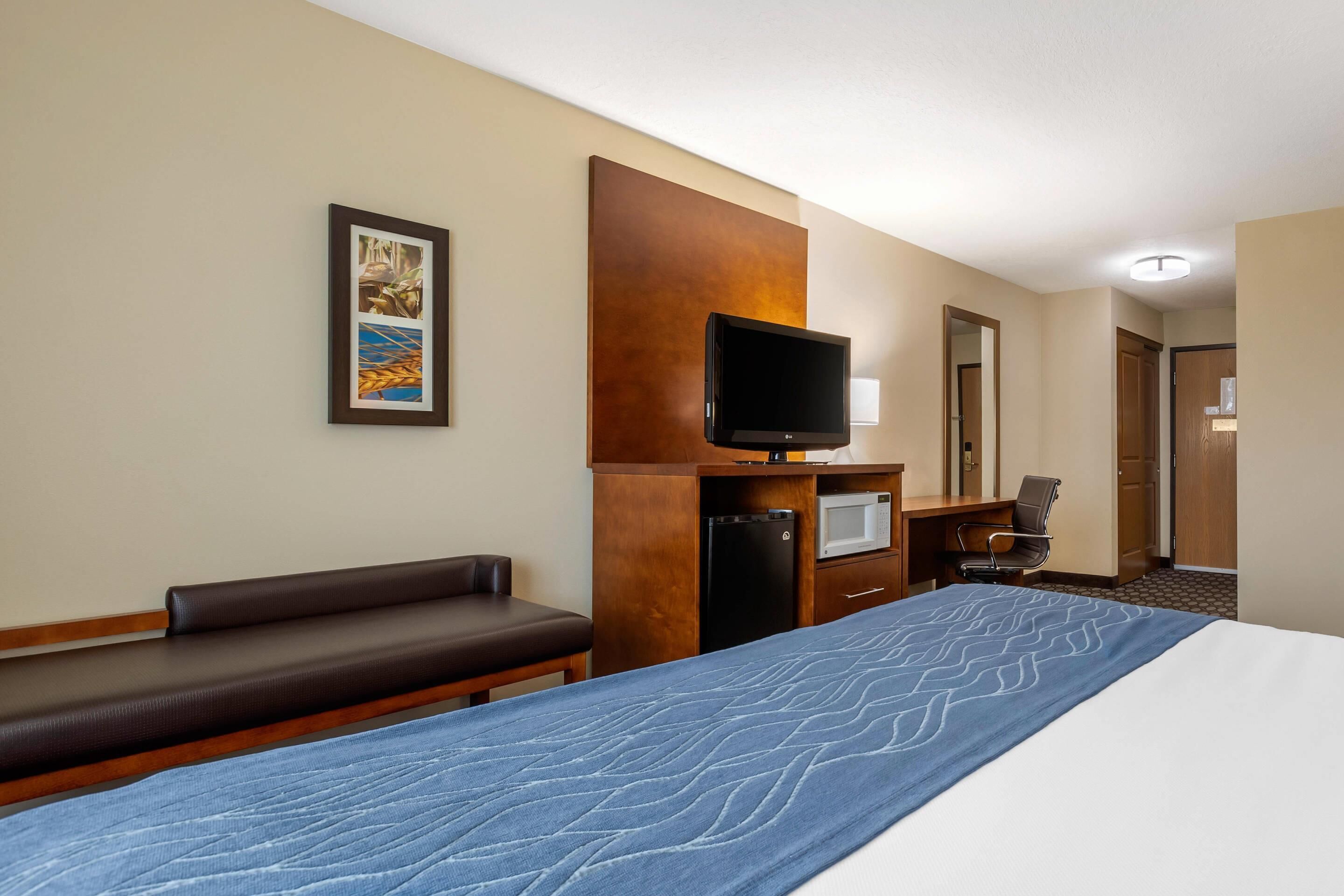 Une chambre d’hôtel comprenant un lit, un bureau avec un téléviseur à écran plat, un four à micro-ondes, un réfrigérateur, un banc et un tableau encadré au mur.