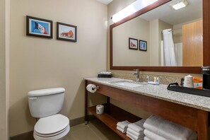 Un baño con inodoro, lavamanos, espejo y cuadros enmarcados en la pared.