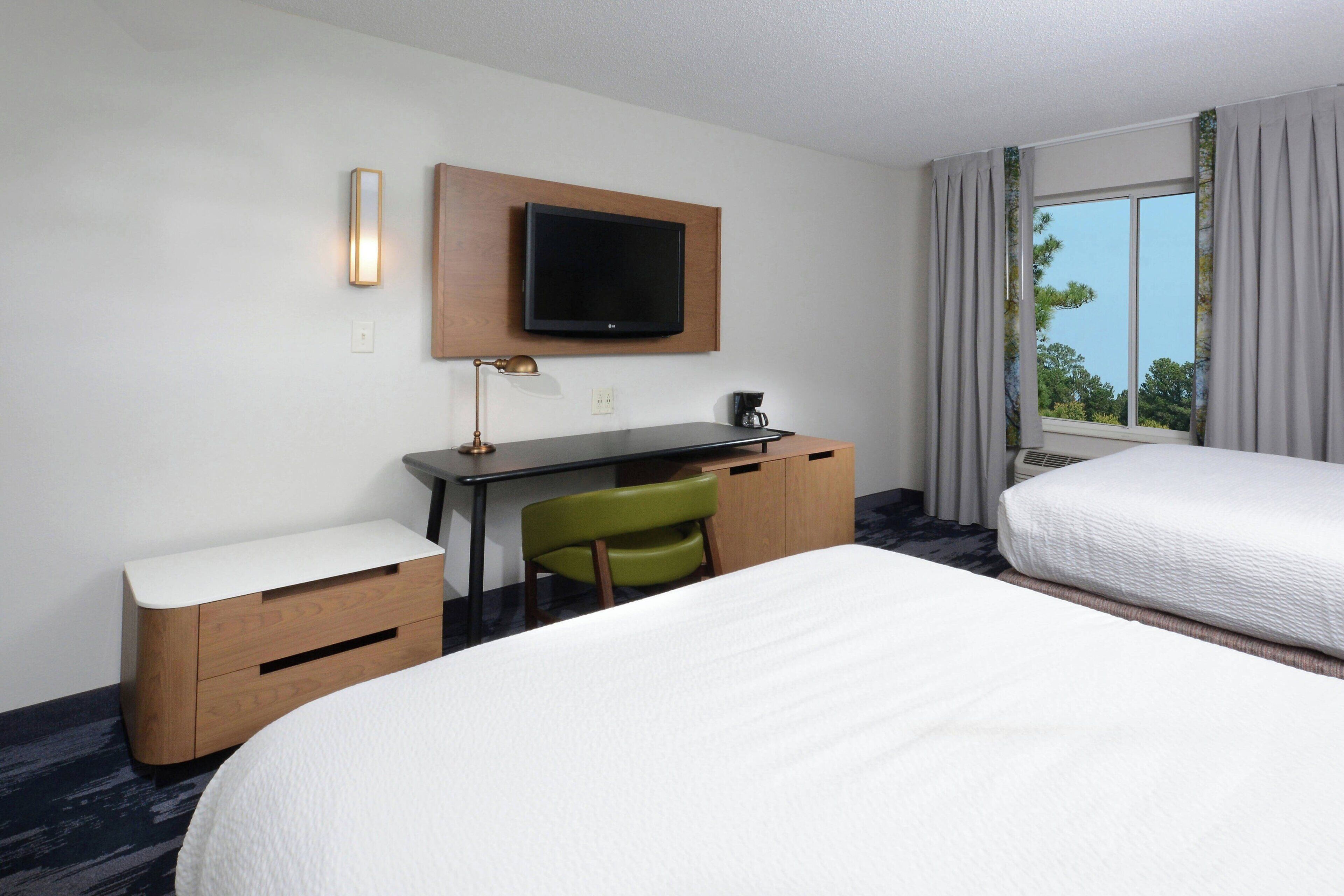 desk, laptop workspace, blackout curtains, iron/ironing board