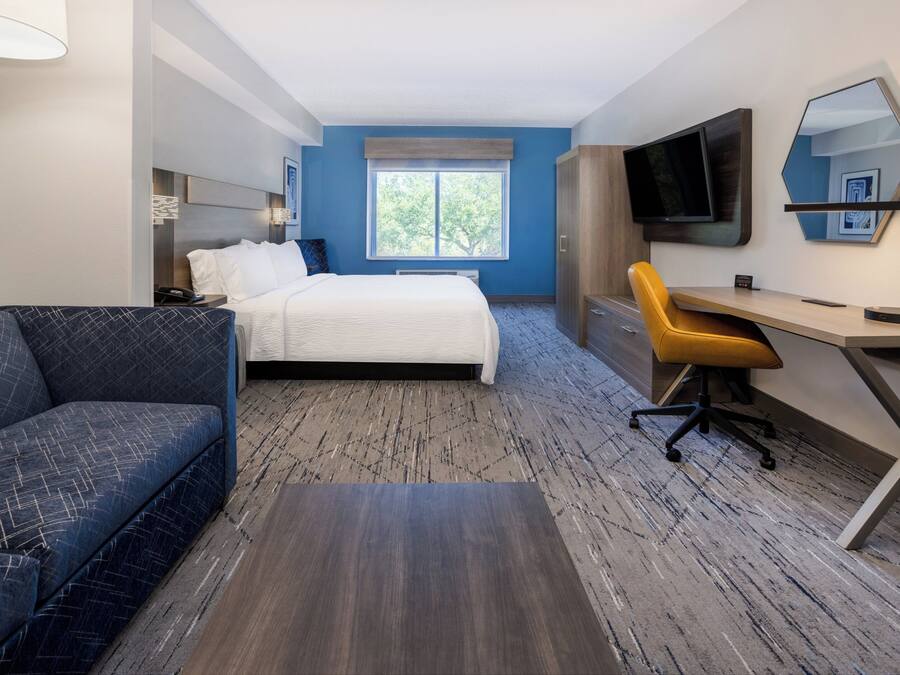 A hotel room with a bed, a sofa, a desk, a chair, a TV, and a window with a view of trees.