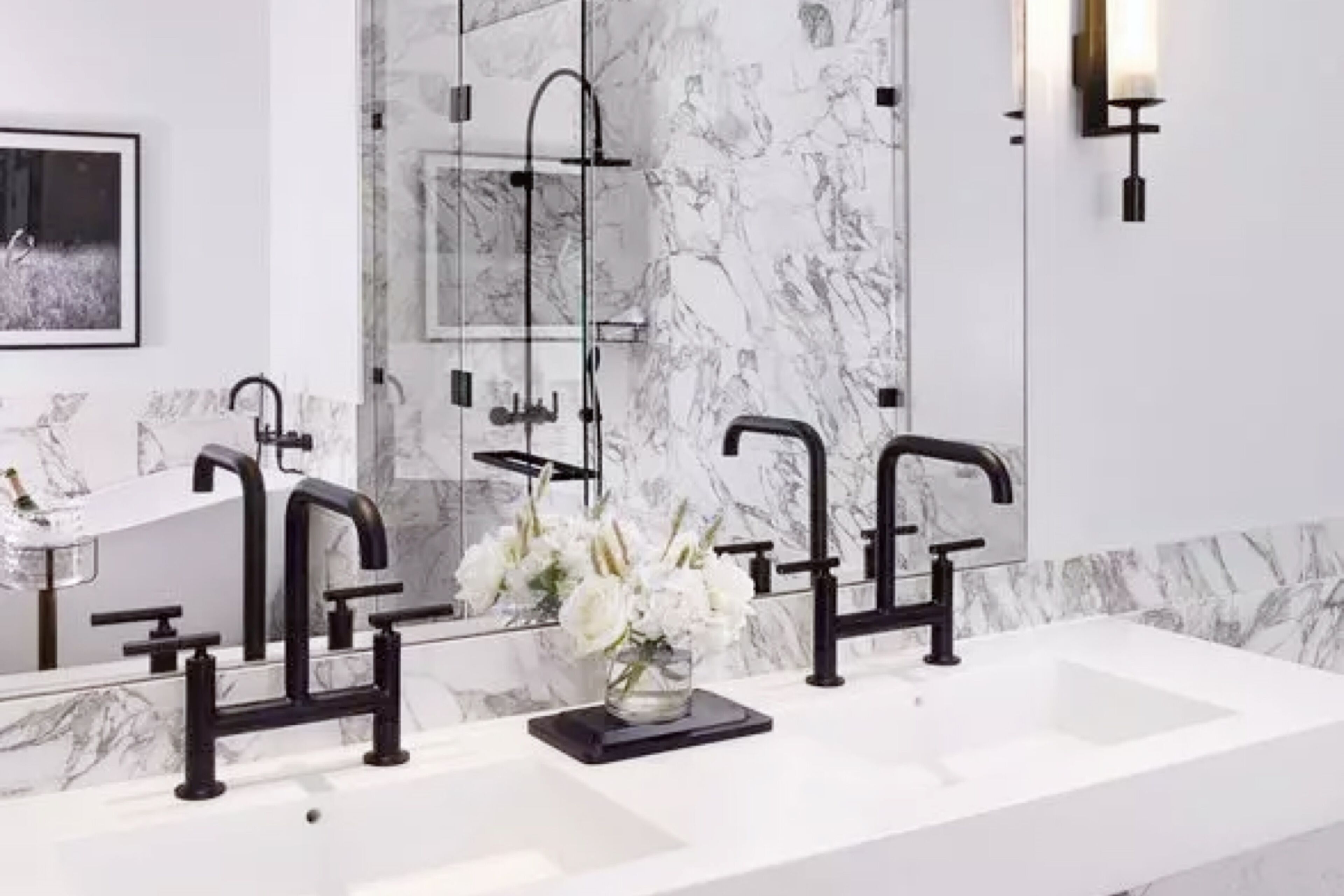 separate bathtub and shower, deep-soaking bathtub, rainfall showerhead